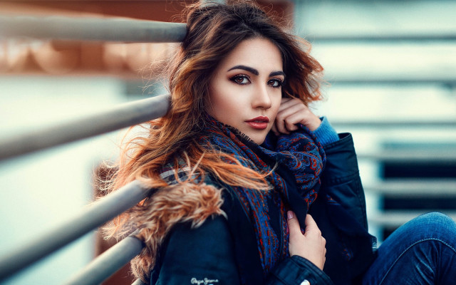 Woman sitting rail scarf fashion free wallpaper for desktop - medium preview image