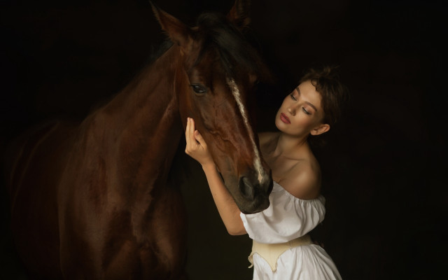 Woman white dress horse dark free wallpaper for desktop - medium preview image