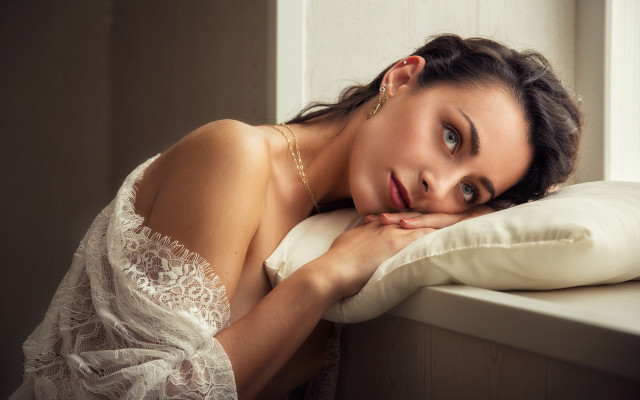 Woman pillow room window portrait free wallpaper for desktop - medium preview image