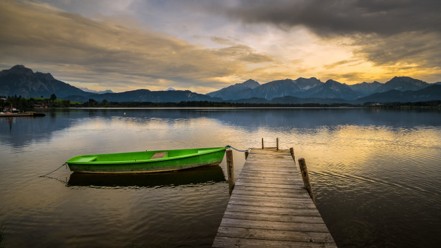 Green boat lake mountains dock free wallpaper for desktop - medium preview image