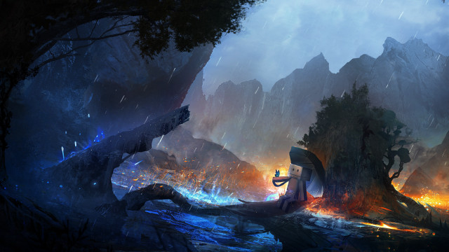 Cave fire man forest night free wallpaper for desktop - medium preview image