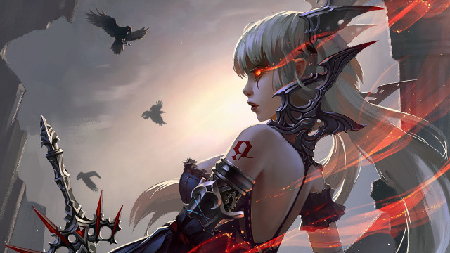 Woman sword demon birds glowing free wallpaper for desktop - medium preview image