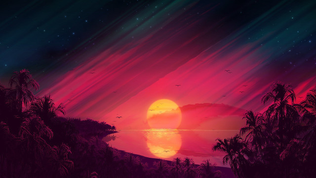 Sunset red sky palm trees free wallpaper for desktop - medium preview image