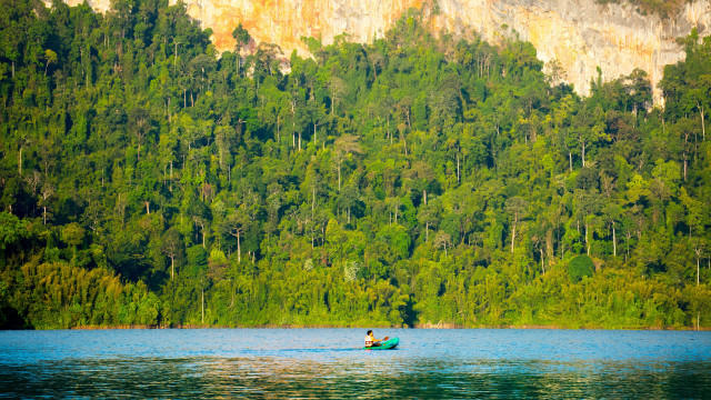 Lake mountain boat trees cliff free wallpaper for desktop - medium preview image