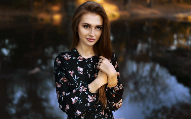 Woman lake tree building portrait free wallpaper for desktop - medium preview image