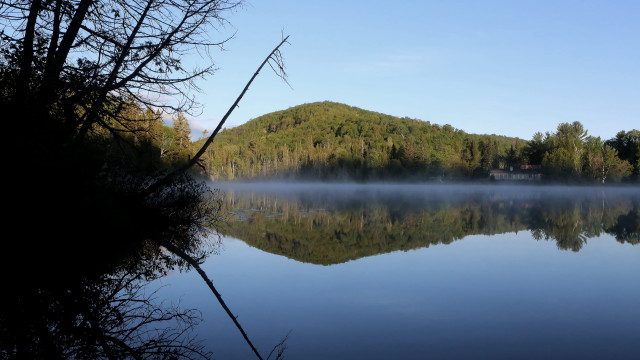 Lake mountain fog forest sunset free wallpaper for desktop - medium preview image