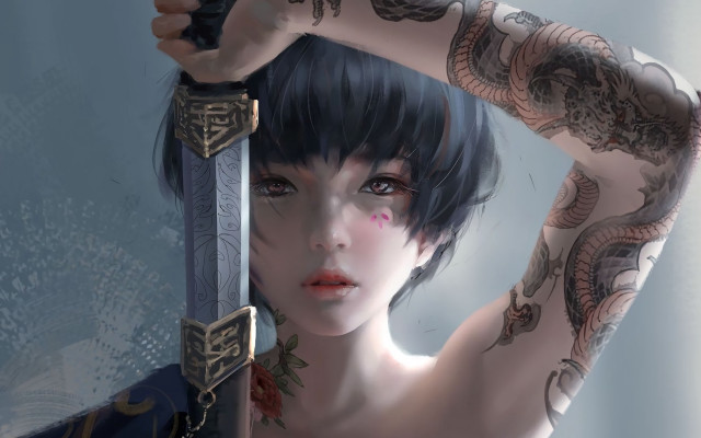 Tattooed woman sword fantasy art free wallpaper for desktop - medium preview image