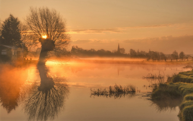 Lake tree sunset house cityscape free wallpaper for desktop - medium preview image