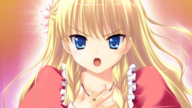 Blonde blueeyes pinkdress surprised hairflower free wallpaper for desktop - medium preview image
