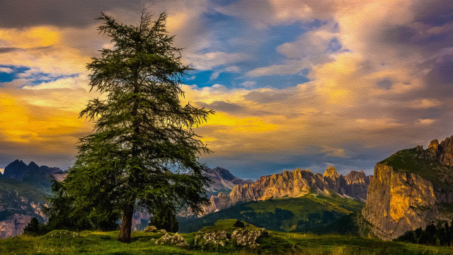 Tree field mountains clouds sky free wallpaper for desktop - medium preview image