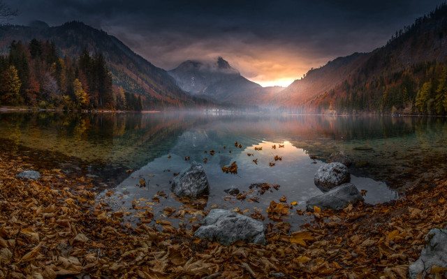 Lake mountains trees autumn ruins free wallpaper for desktop - medium preview image