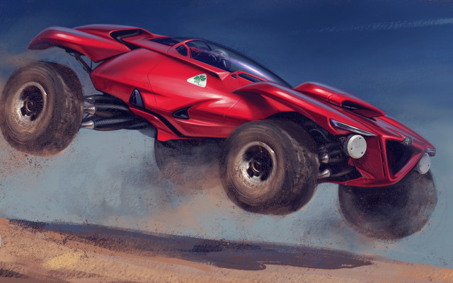 Red monster truck flying vehicle free wallpaper for desktop - medium preview image