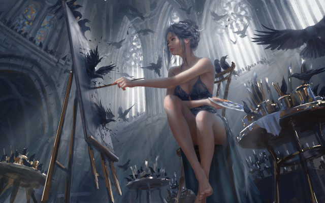 Woman bathing suit painting bird free wallpaper for desktop - medium preview image