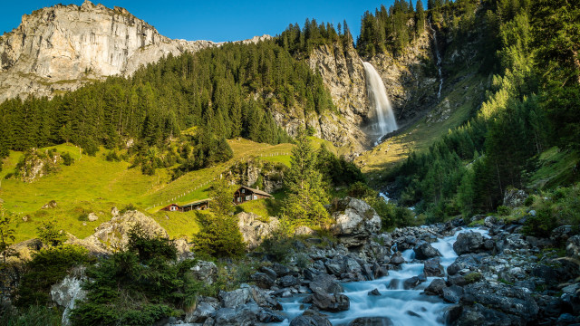 Waterfall valley house forest rocks free wallpaper for desktop - medium preview image