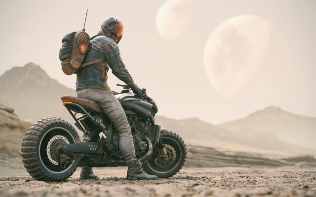 Desert mountain motorcycle cyberpunk retrofuturism free wallpaper for desktop - medium preview image