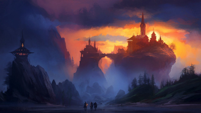 Castle skyline dusk fire mountain free wallpaper for desktop - medium preview image