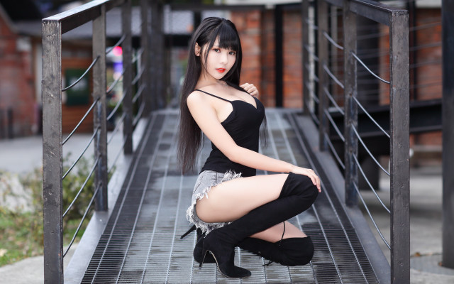 Woman black dress bridge posing free wallpaper for desktop - medium preview image