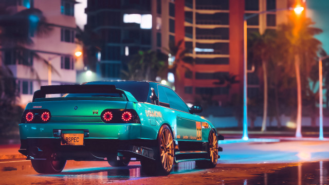 Green car night lights blurry free wallpaper for desktop - medium preview image