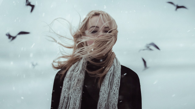 Woman wind snow birds portrait free wallpaper for desktop - medium preview image