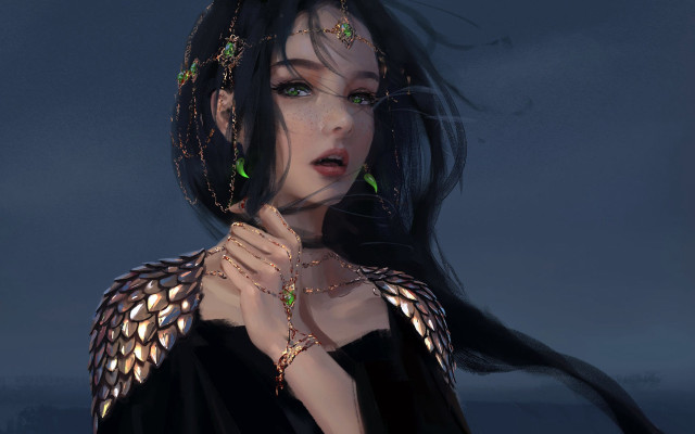 Fantasy woman black hair green free wallpaper for desktop - medium preview image