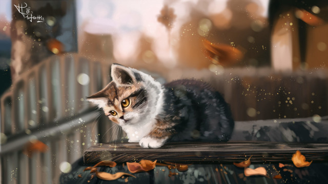 Cat fence bird autumn blurry free wallpaper for desktop - medium preview image