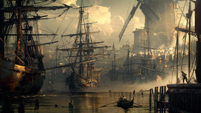 Harbor ships city smoke matte free wallpaper for desktop - medium preview image