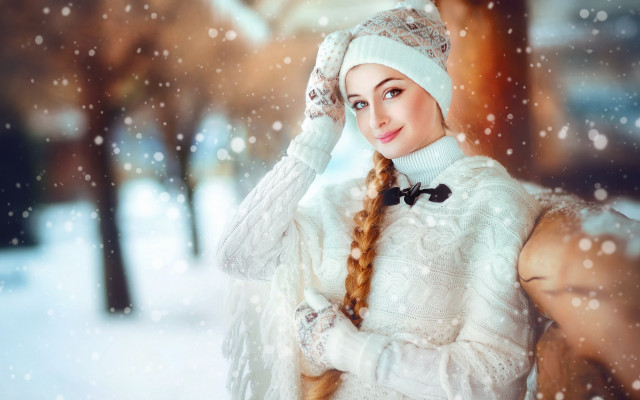 Woman white coat hat snow free wallpaper for desktop - medium preview image