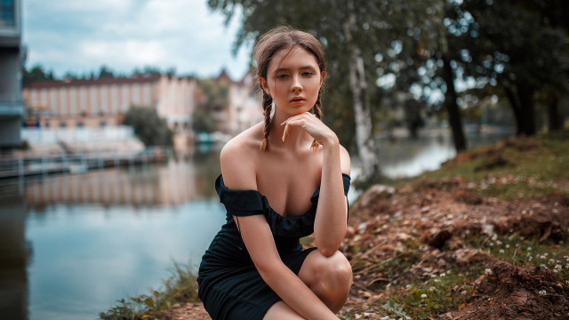 Woman dress rock water trees free wallpaper for desktop - medium preview image