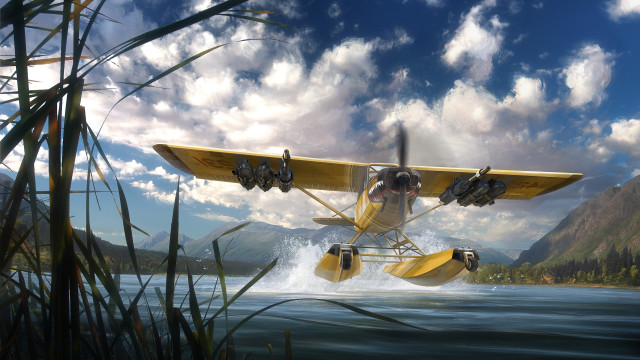 Yellow plane over water mountain free wallpaper for desktop - medium preview image
