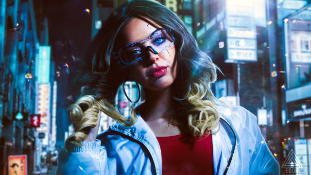 Woman glasses bluejacket citynight cyberpunk free wallpaper for desktop - medium preview image