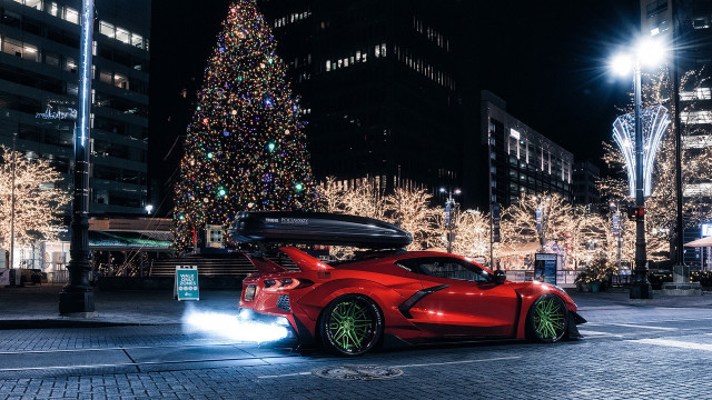 Red sports car christmas city free wallpaper for desktop - medium preview image