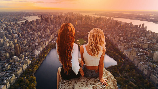 Cityscape sunset two women riverside free wallpaper for desktop - medium preview image
