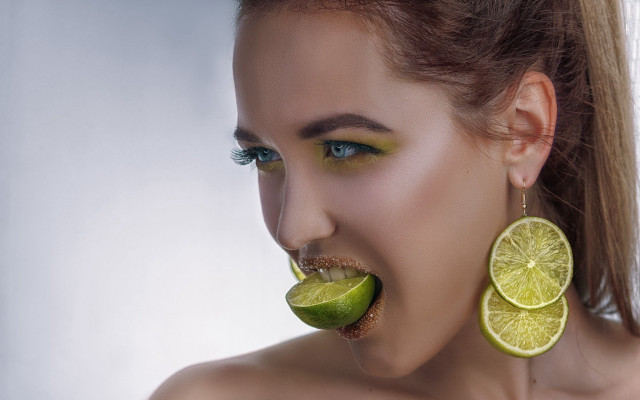 Woman lime slice lip hyperrealism free wallpaper for desktop - medium preview image