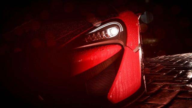 Red car brick sidewalk night free wallpaper for desktop - medium preview image