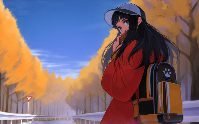 Woman dog backpack snowy autumn free wallpaper for desktop - medium preview image