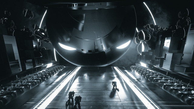 Futuristic airplane hangar people city free wallpaper for desktop - medium preview image