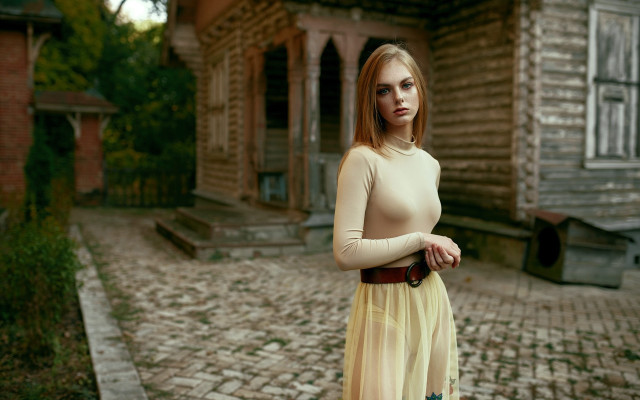 Woman longdress brickroad building fashion free wallpaper for desktop - medium preview image