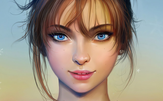 Blue eyed woman bangs freckles free wallpaper for desktop - medium preview image