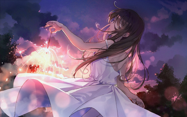 Girl white dress sparkler fireworks free wallpaper for desktop - medium preview image