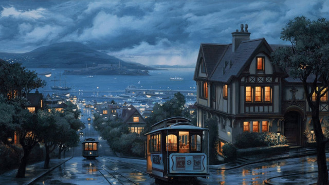 Trolley car rainy night city #7 free wallpaper for desktop - medium preview image