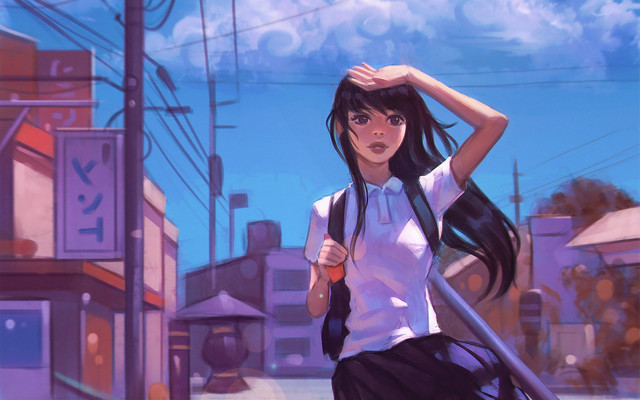 Girl backpack street clock building free wallpaper for desktop - medium preview image