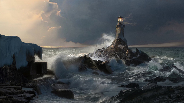 Lighthouse waves ocean cloudy sky #2 free wallpaper for desktop - medium preview image