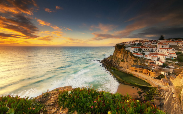 Sunset town coast cliff magic free wallpaper for desktop - medium preview image