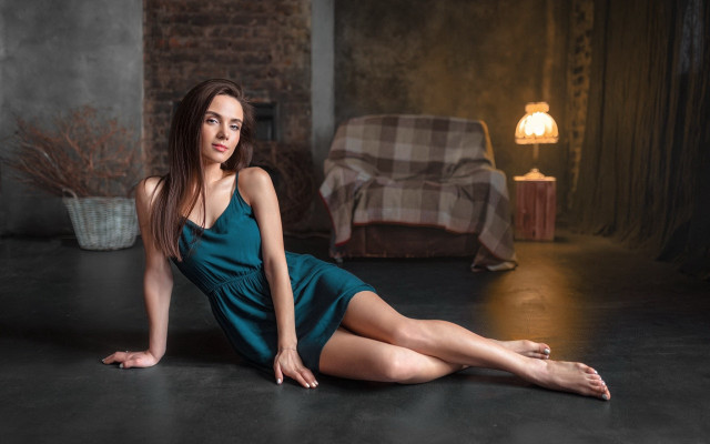 Woman blue dress sitting floor free wallpaper for desktop - medium preview image