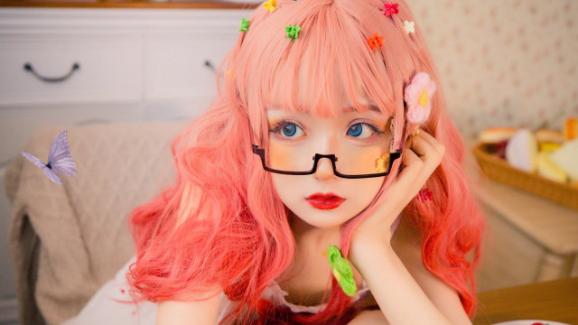Pink hair glasses butterfly cosplay free wallpaper for desktop - medium preview image