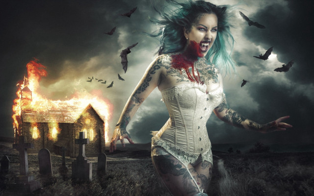 Green hair tattoos fire bats free wallpaper for desktop - medium preview image