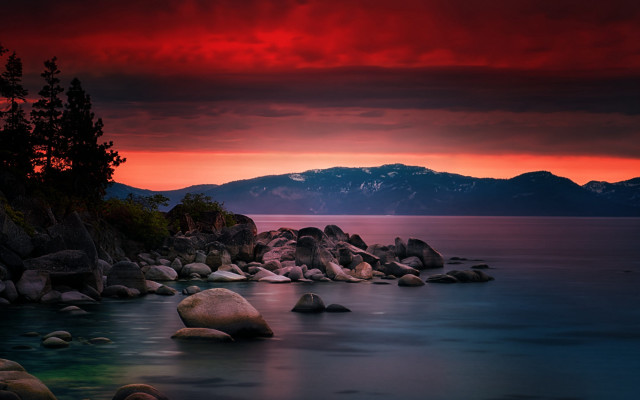 Red sky lake mountains trees free wallpaper for desktop - medium preview image