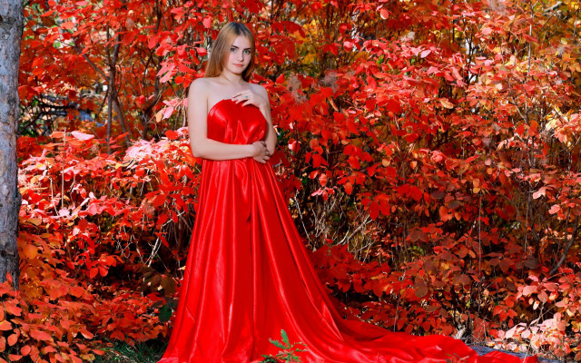 Red dress forest autumn leaves free wallpaper for desktop - medium preview image