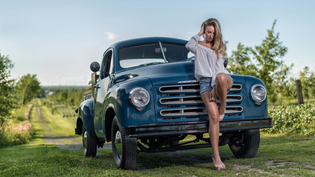 Woman blonde barelegs truck field free wallpaper for desktop - medium preview image