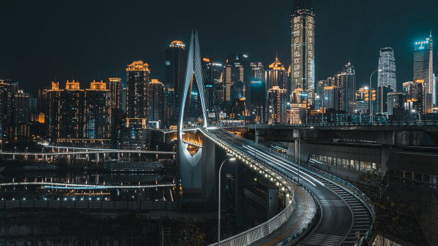 Cyberpunk city skyline bridge train free wallpaper for desktop - medium preview image